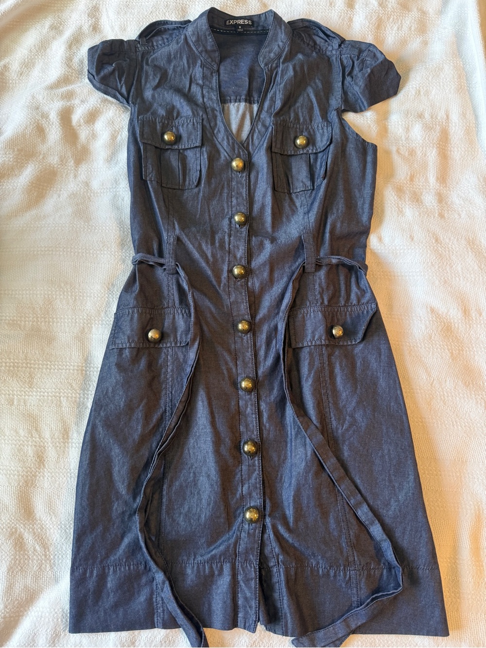 Express Navy Blue Utility Shirt Dress with Brass Buttons